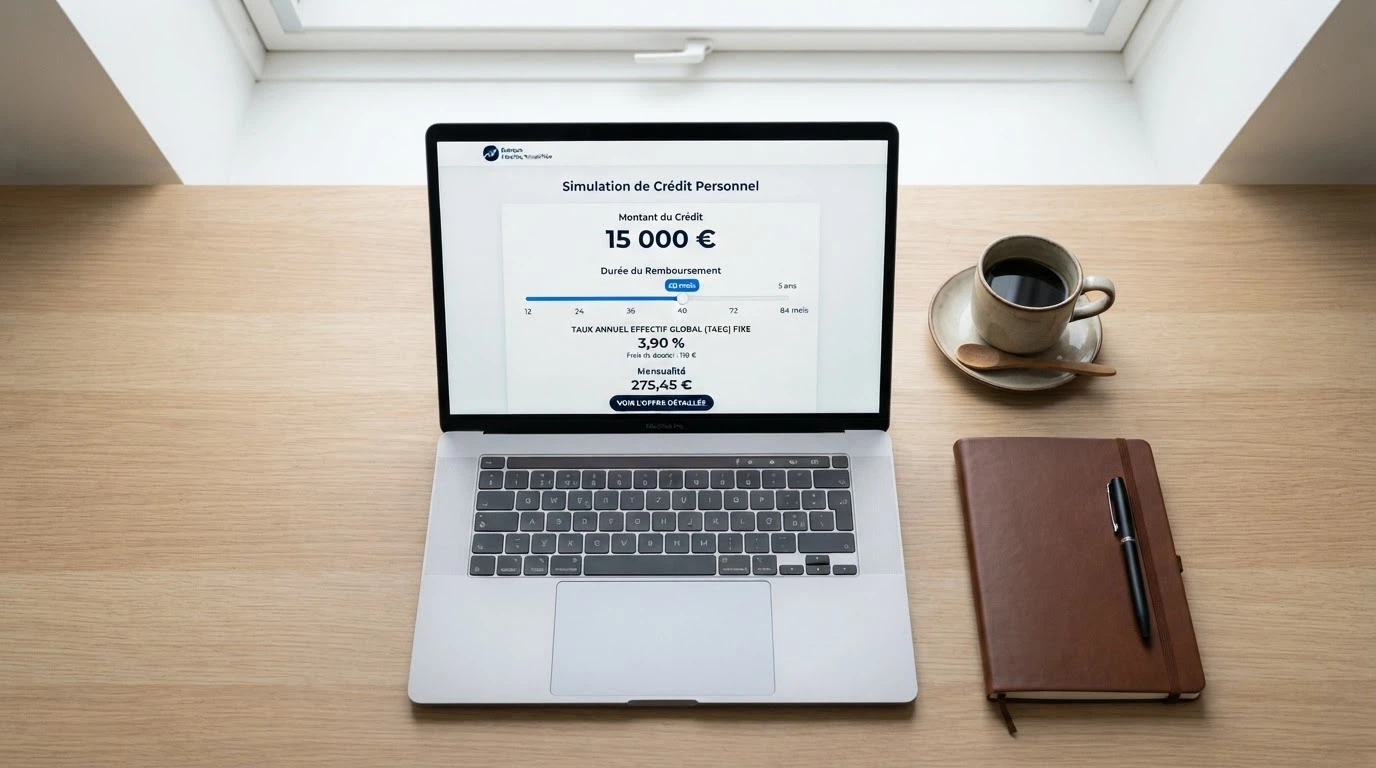 Interface de simulation de crédit sur un écran d'ordinateur, avec les champs montant, durée et TAEG affiché