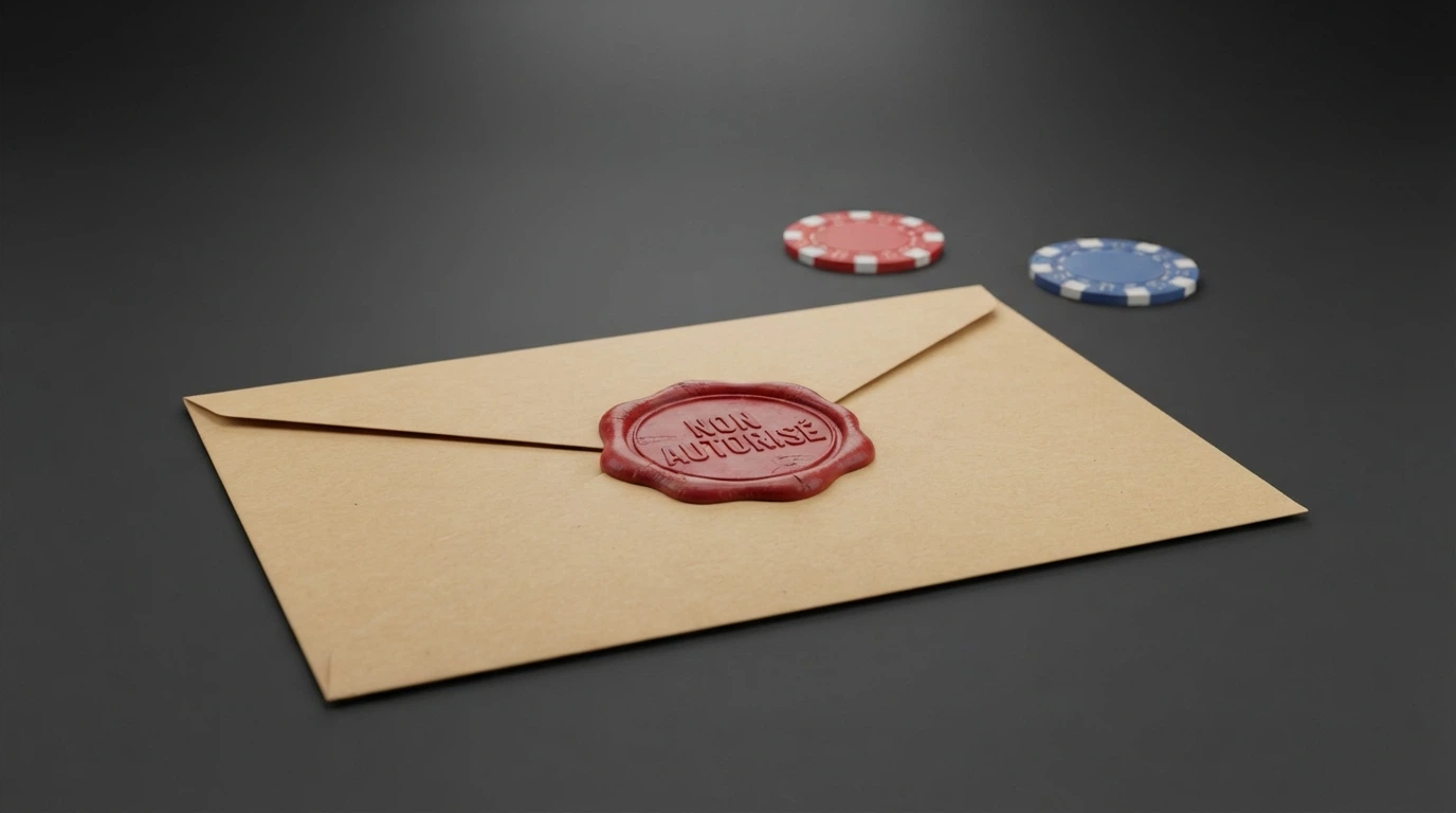 Un bloc réglementaire ouvert à la page « jeux de casino en ligne », avec le logo de l'ANJ visible et un tampon rouge « non autorisé » sur une fiche casino