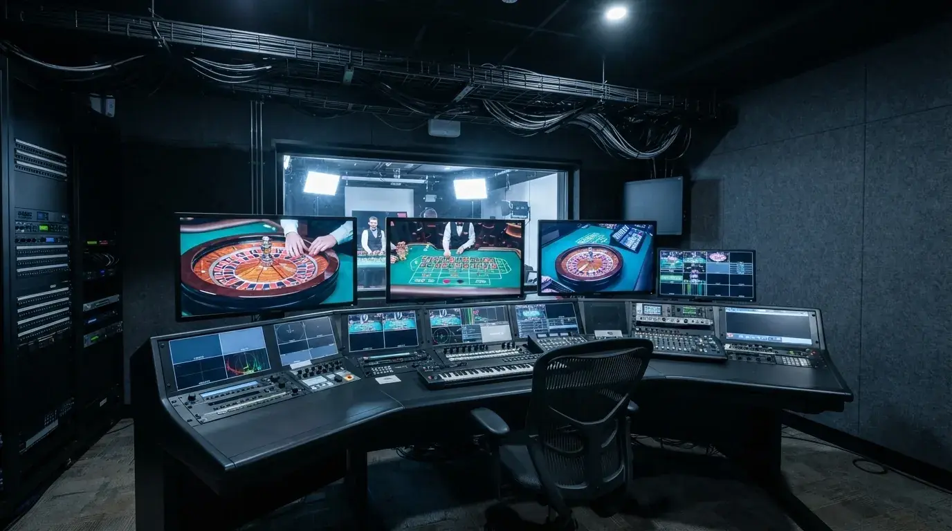 Une régie de streaming équipée d'écrans de contrôle et de caméras orientées vers une table de jeu en studio