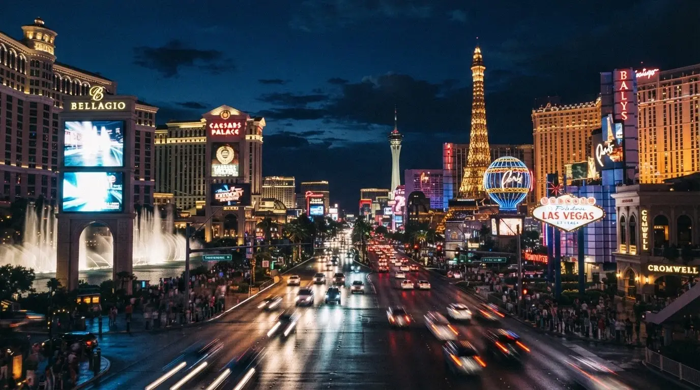 Le Strip de Las Vegas illuminé la nuit, avenue bordée de casinos géants aux enseignes emblématiques