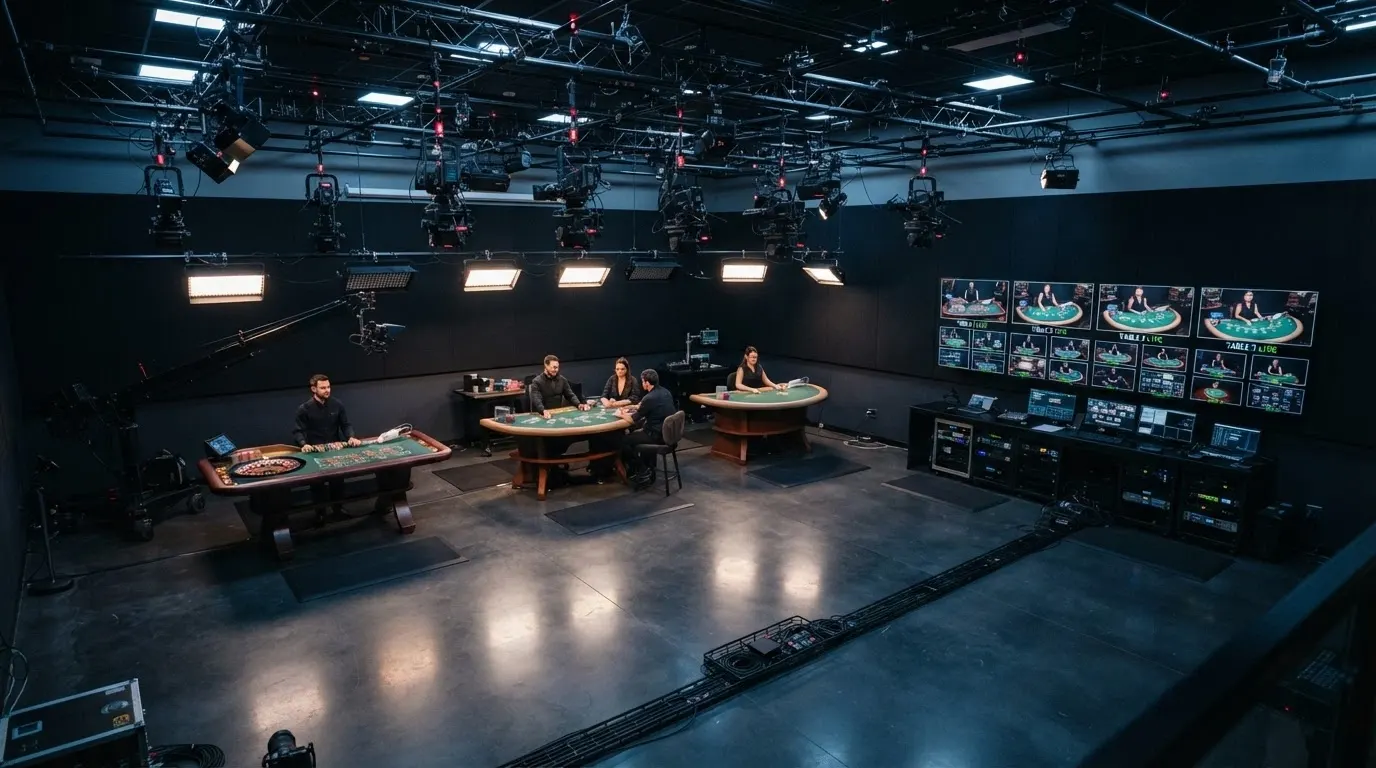 Un studio de casino live professionnel : plusieurs tables filmées sous éclairage contrôlé, caméras motorisées, écrans de contrôle, ambiance de plateau de télévision.