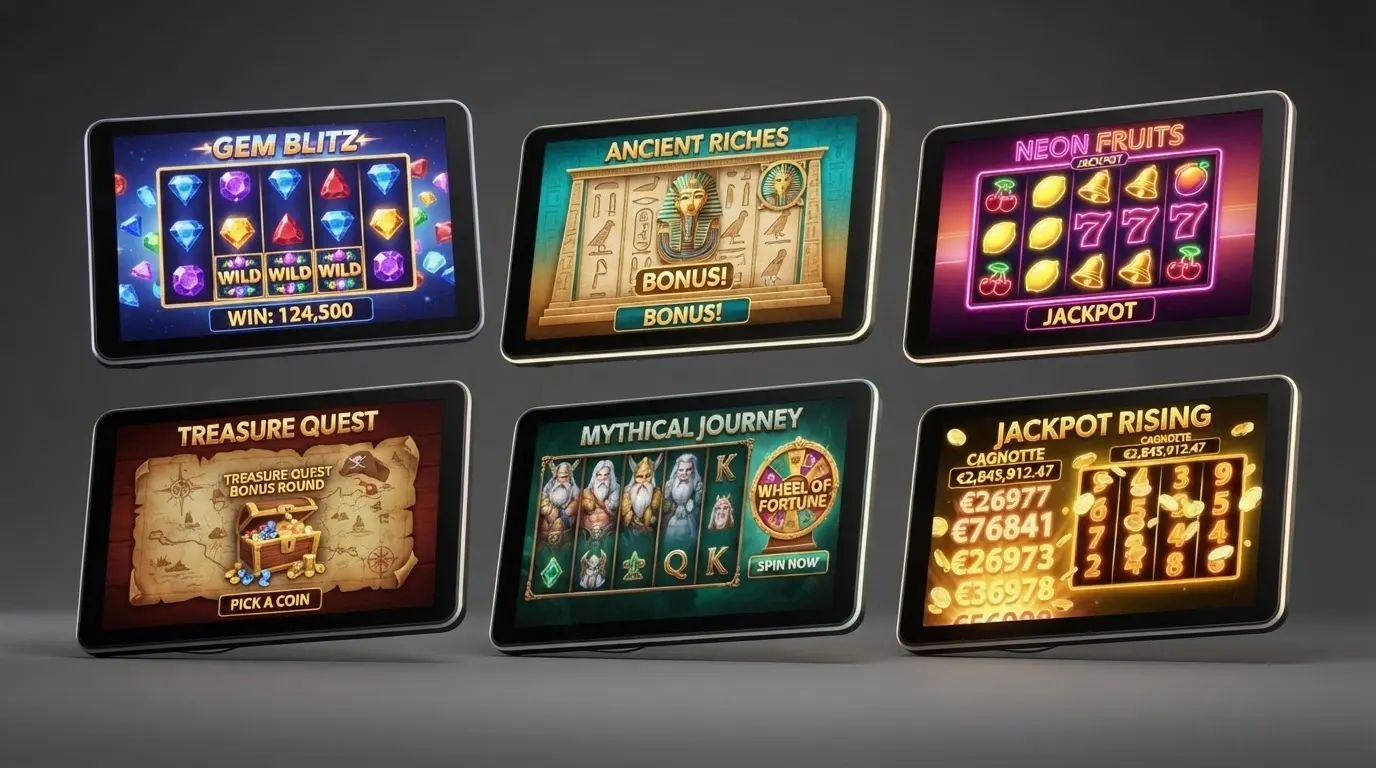 Une mosaïque de logos ou d'interfaces des six grands fournisseurs de machines à sous (NetEnt, Pragmatic Play, Play'n GO, IGT, Aristocrat, Microgaming)