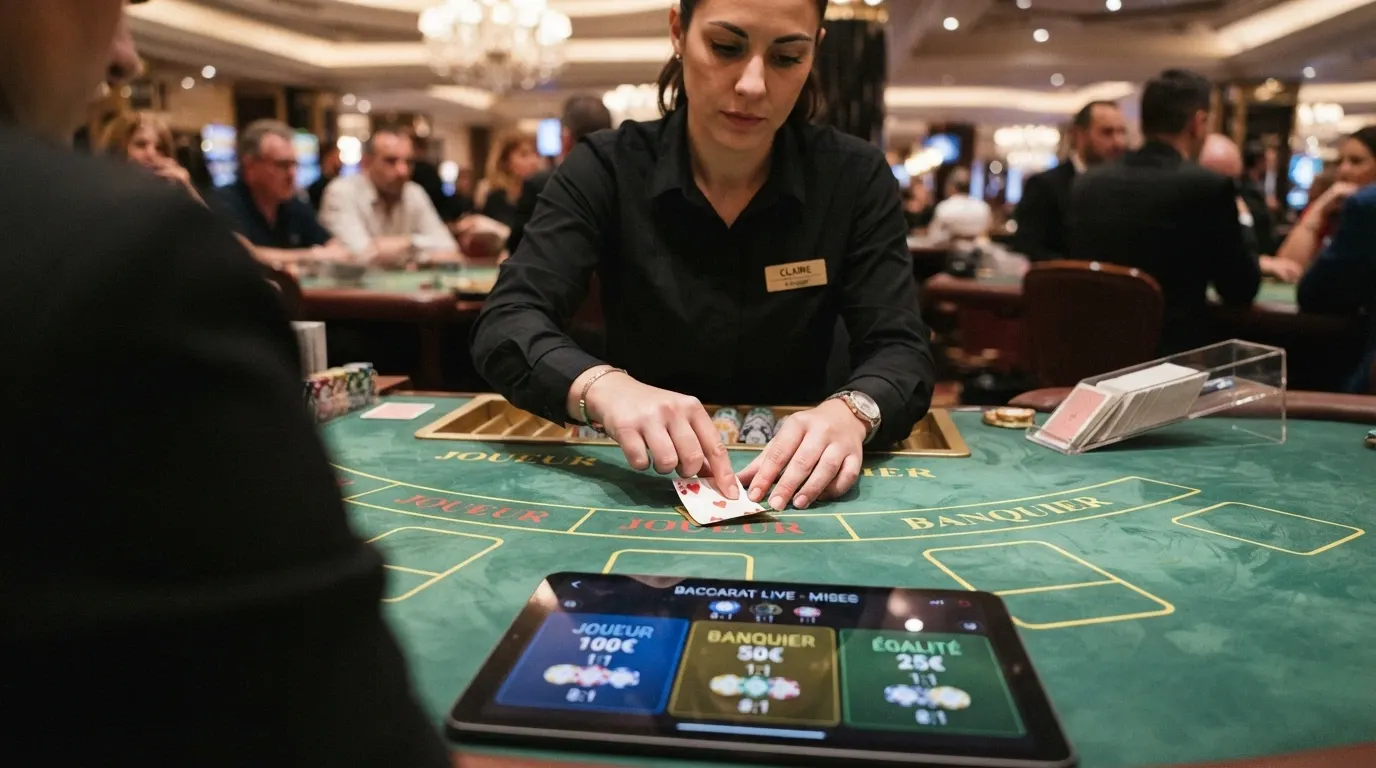 Un croupier filmé en plan rapproché retournant une carte sur une table de baccarat live, interface de jeu visible à l'écran avec les zones de mise Player, Banker et Tie