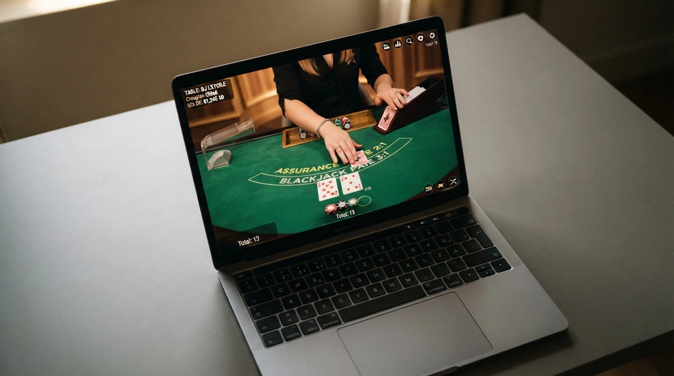Gros plan sur un croupier distribuant les cartes depuis un sabot, vu à travers l'interface d'une table live