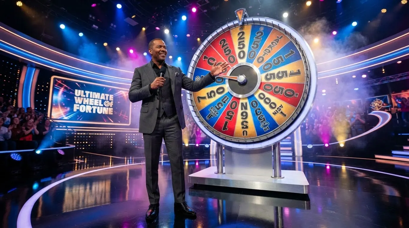Un présentateur de game show live debout devant une roue multicolore géante dans un studio de télévision, micro à la main, face caméra