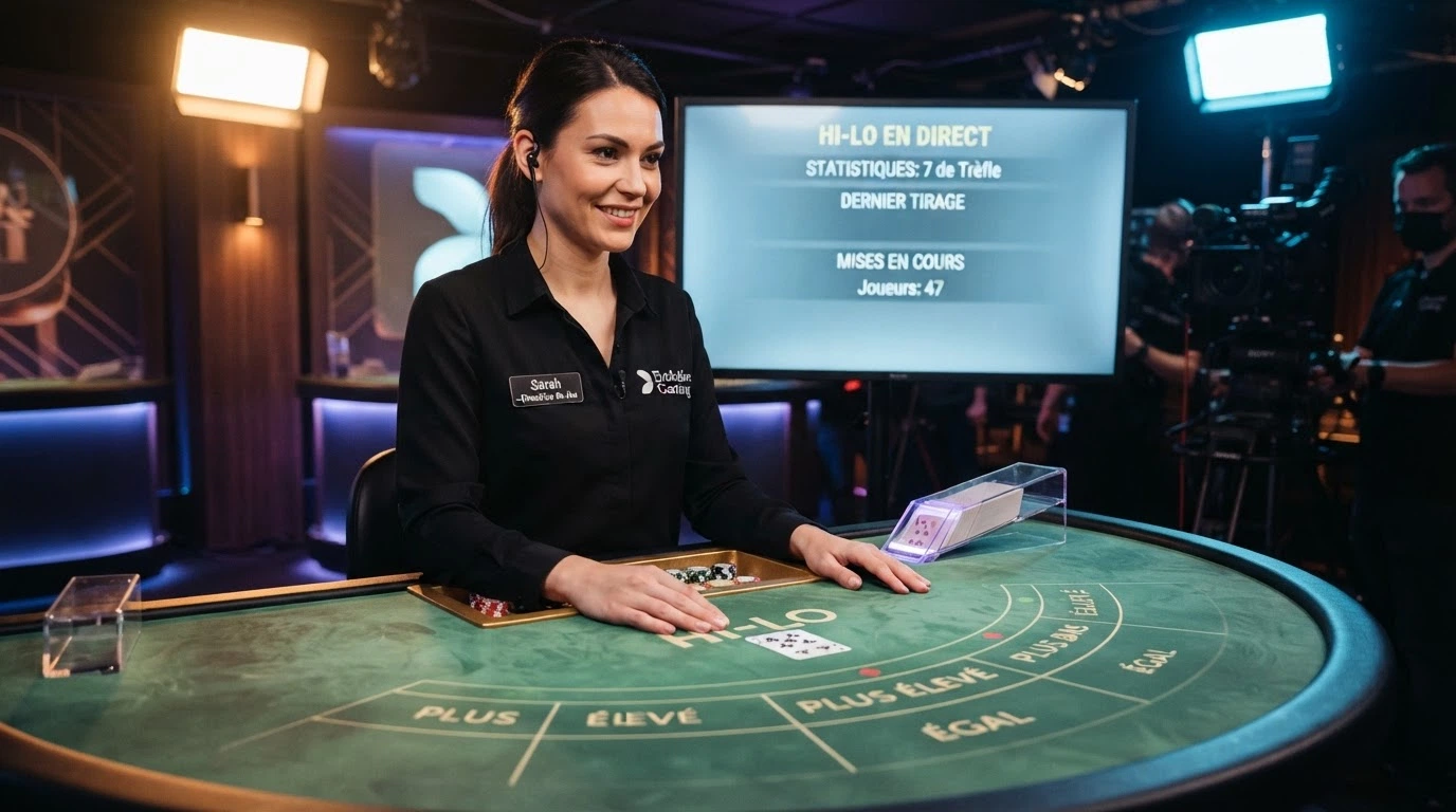 Un croupier en direct devant une table de hi-lo dans un studio de casino, une carte retournée sur le tapis vert, l'interface de pari visible en surimpression