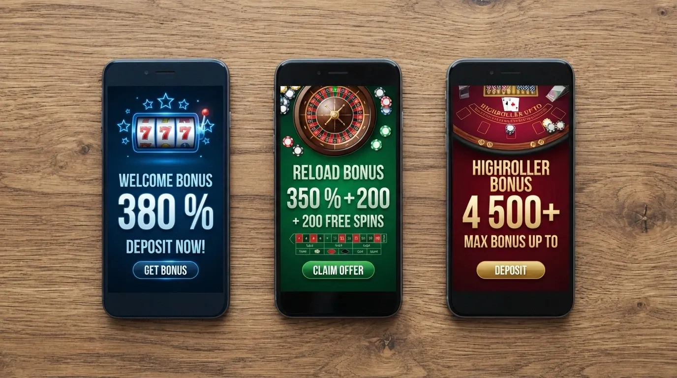 Écran partagé montrant les interfaces de dépôt en XRP de trois casinos différents avec leurs bonus de bienvenue affichés côte à côte.
