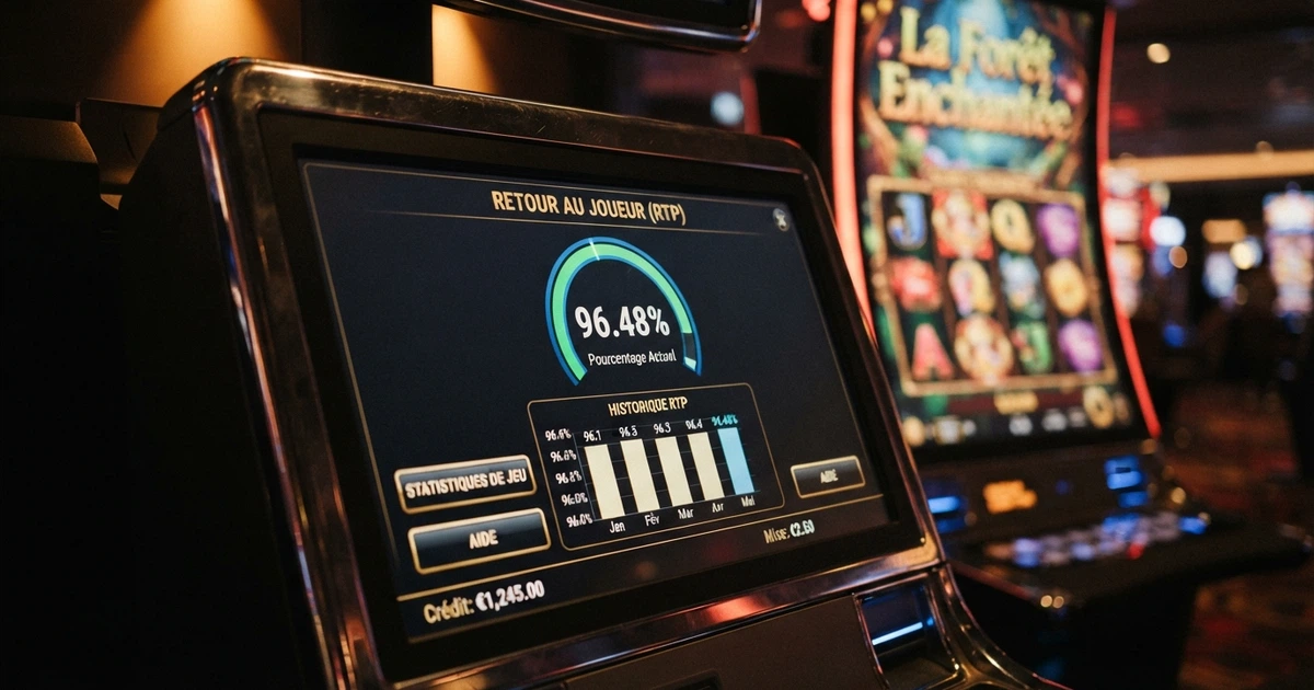 Un écran affichant le taux de redistribution d'une machine à sous en ligne, avec un graphique du pourcentage de retour aux joueurs et des rouleaux de machine à sous en arrière-plan