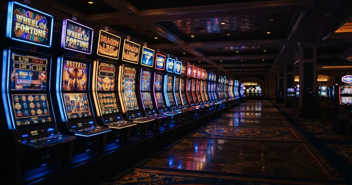Une rangée de machines à sous dans un casino, écrans lumineux allumés, aucun joueur visible