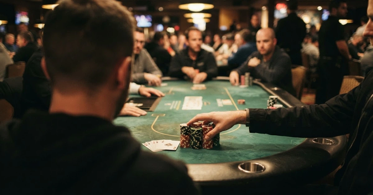 Joueur concentré devant une table de tournoi de poker, jetons empilés et cartes en main