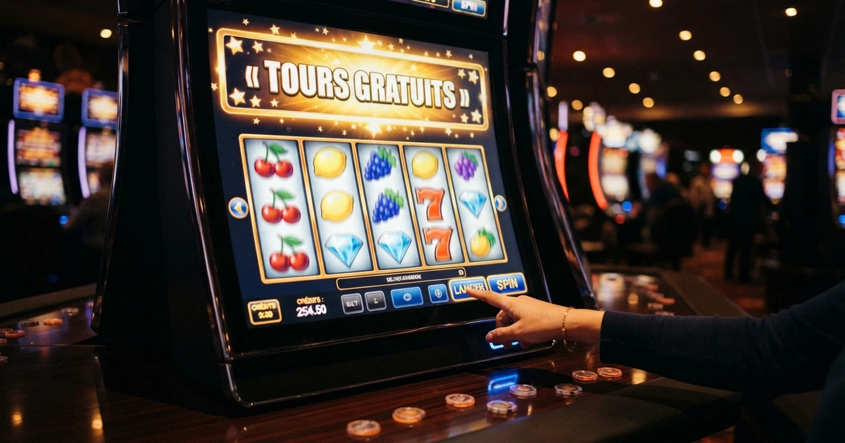 Écran de machine à sous affichant des rouleaux en mouvement avec une bannière promotionnelle « tours gratuits » et des jetons virtuels