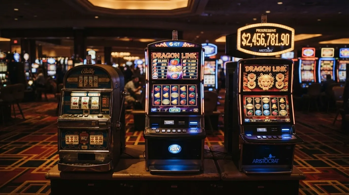 Trois machines à sous côte à côte illustrant l'évolution : une mécanique à trois rouleaux, une vidéo cinq rouleaux à écran tactile, et un bandeau de jackpot progressif affichant une somme à sept chiffres