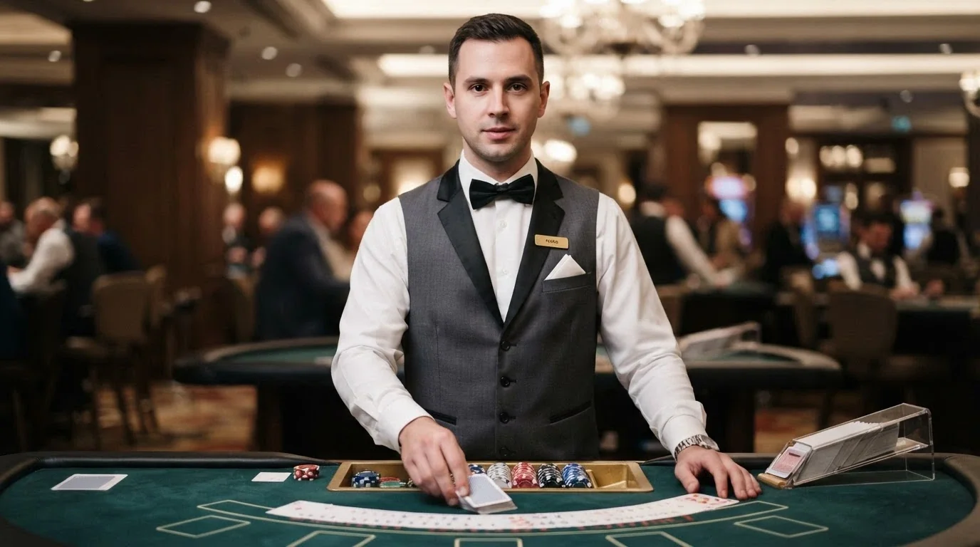Un croupier portant le costume traditionnel (gilet, nœud papillon, chemise blanche) derrière une table de blackjack