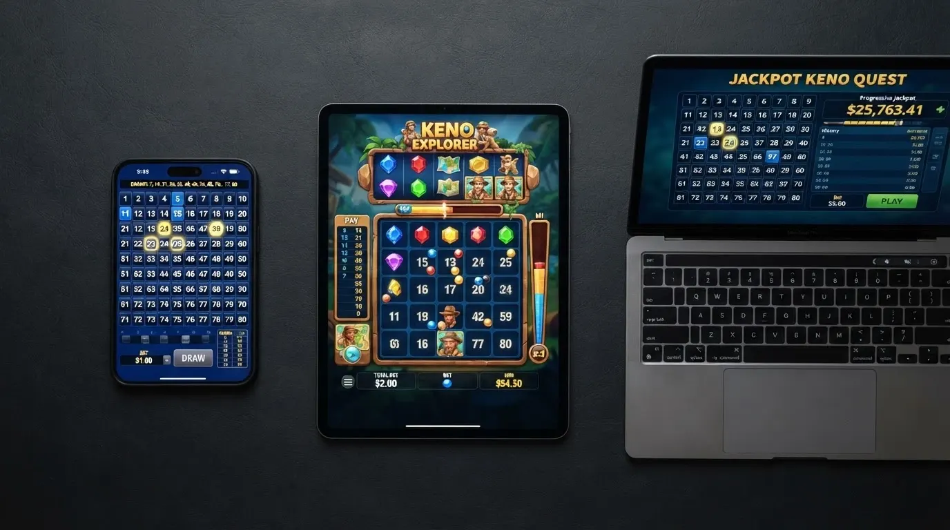 Plusieurs écrans de jeux de keno montrant différentes variantes (classique, vidéo, progressif) côte à côte