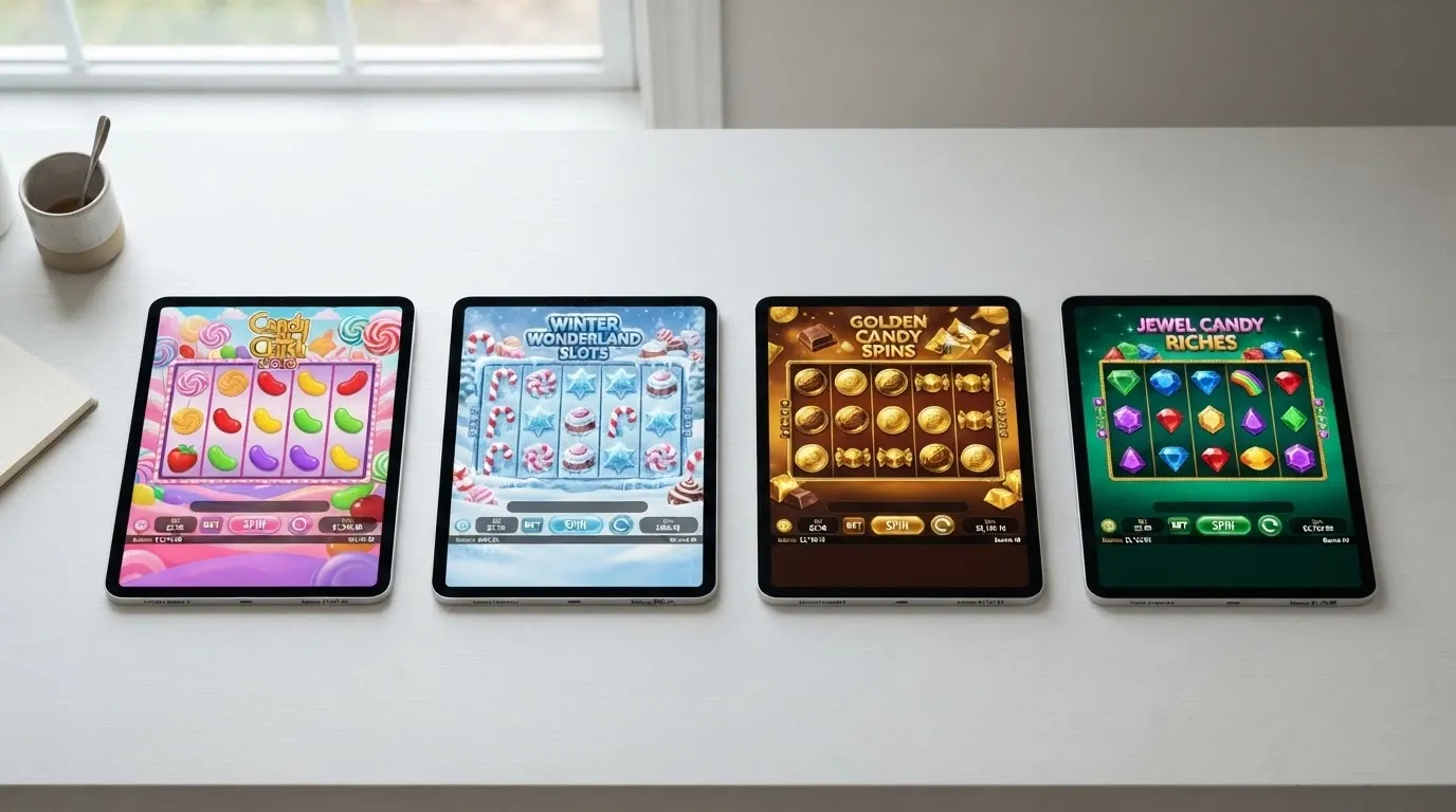 Un montage comparatif montrant les écrans de quatre versions de Sweet Bonanza côte à côte — l'original, la version 1000, l'édition Xmas et la déclinaison Candyland
