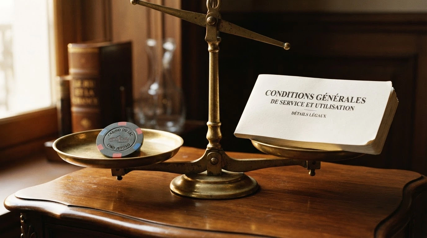 Balance symbolique : d'un côté une pièce de monnaie représentant le bonus gratuit, de l'autre un document de conditions générales épais