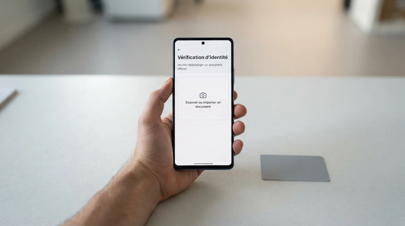 Une carte d'identité française posée à côté d'un smartphone affichant un formulaire de vérification KYC