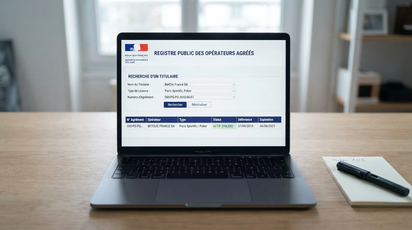 Page du registre public en ligne de la Malta Gaming Authority affichant un formulaire de recherche par nom d'opérateur et le résultat d'une licence active