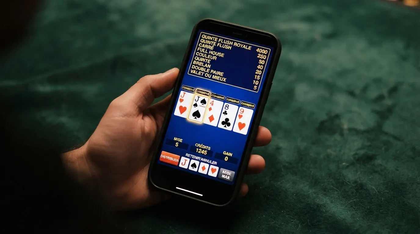 L'écran d'un jeu de vidéo poker Jacks or Better avec la table des gains affichée, montrant une main gagnante et le RTP en surimpression
