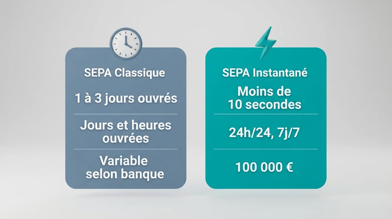 Schéma comparatif en deux colonnes illustrant les différences entre un virement SEPA classique et un virement SEPA instantané — délai, disponibilité, plafond
