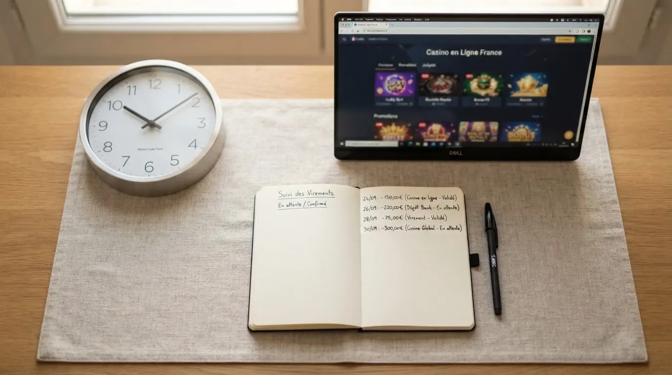 Un calendrier et une horloge posés à côté d'un relevé bancaire affichant un virement SEPA en euros, avec l'interface d'un casino en arrière-plan