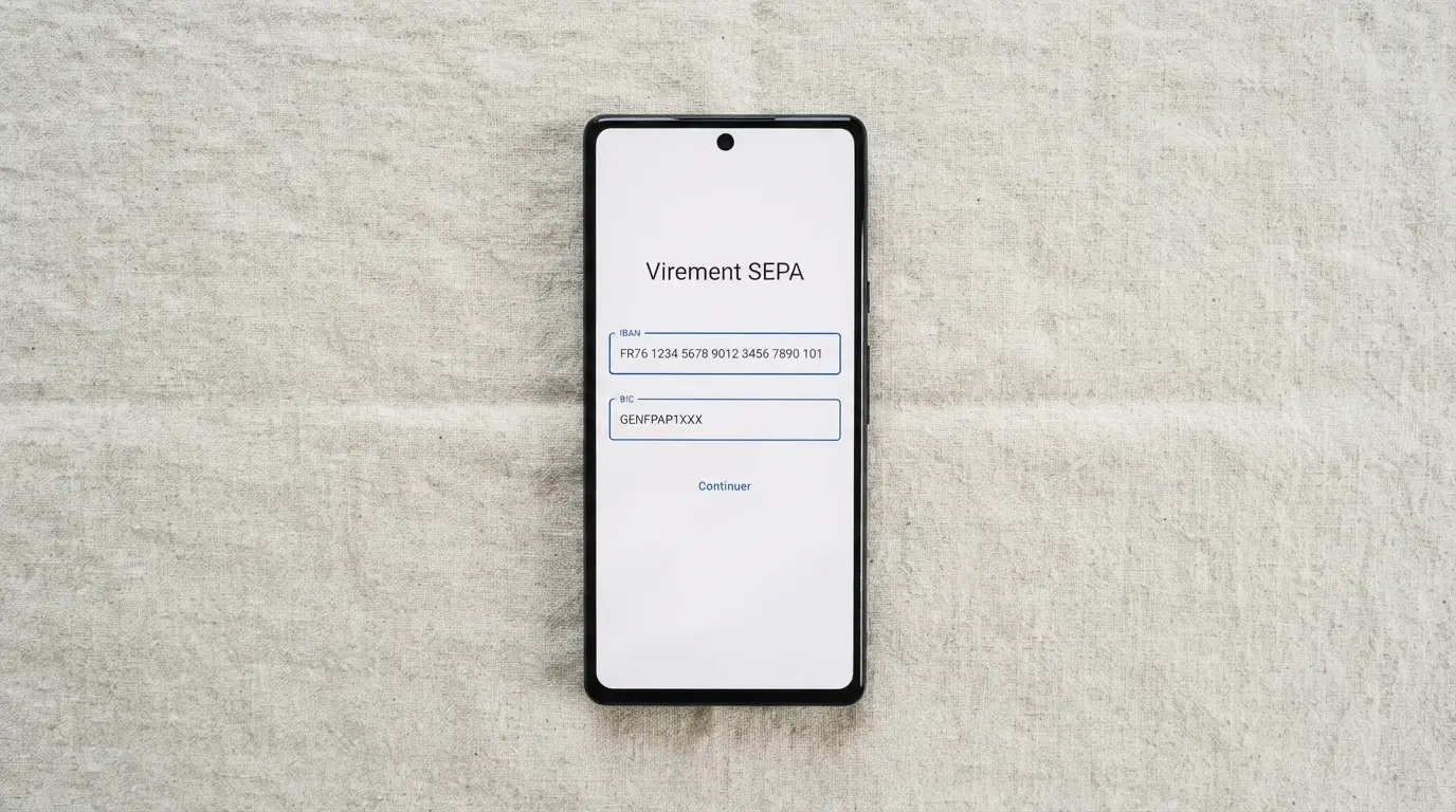 Formulaire de virement bancaire en ligne affiché sur un écran de smartphone, avec les champs IBAN et BIC du bénéficiaire mis en évidence
