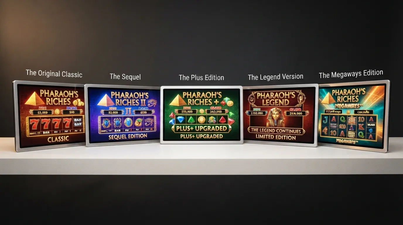 Les logos ou écrans-titres des cinq variantes de Cleopatra d'IGT : original, II, Plus, Legend of Cleopatra et Legend of Cleopatra Megaways