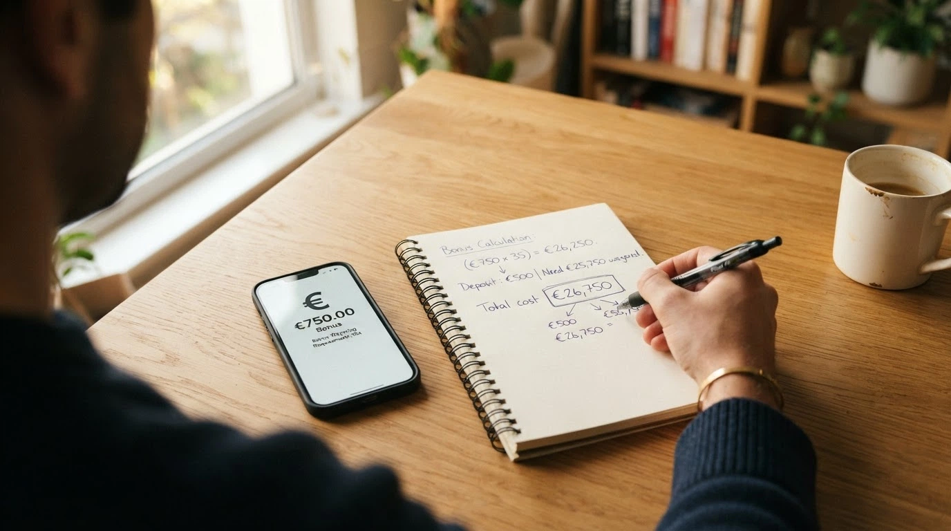 Calculatrice et carnet de notes devant un écran affichant une offre de bonus de casino